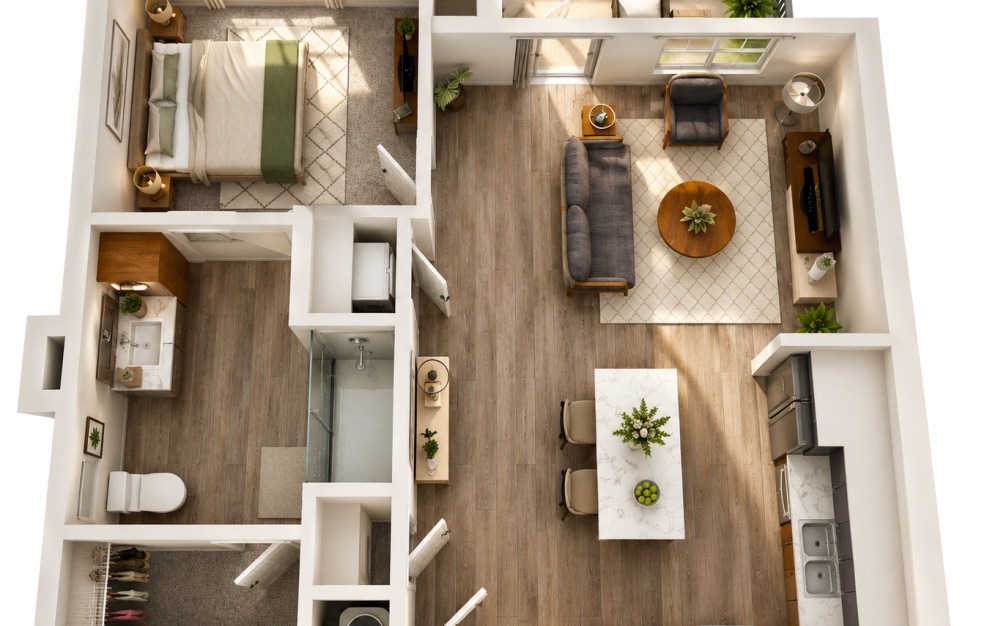 From the entry is an open concept kitchen, laundry closet, and 2 storage closets. From the kitchen is a living area and balcony with double doors. Bedroom has bathroom access and entry into a walk-in closet.