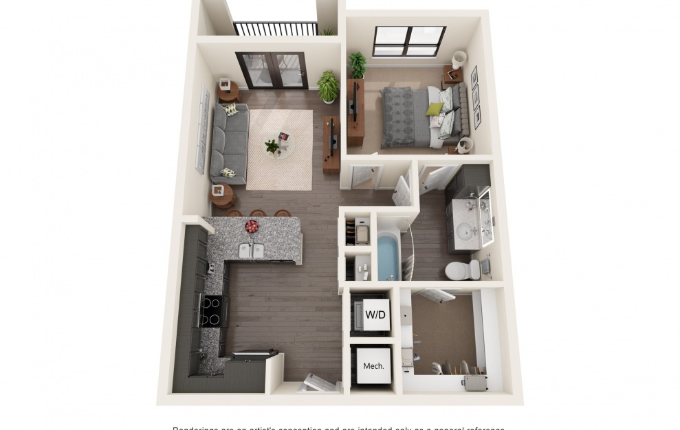 A1 - 1 bedroom floorplan layout with 1 bath and 689 to 701 square feet.