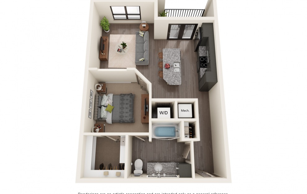A2 - 1 bedroom floorplan layout with 1 bath and 747 to 775 square feet.