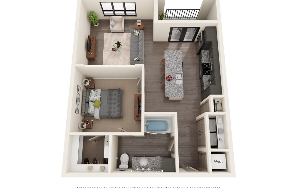 A4 - 1 bedroom floorplan layout with 1 bath and 831 square feet.