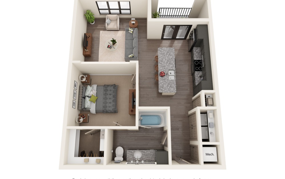 A4 - 1 bedroom floorplan layout with 1 bathroom and 831 square feet