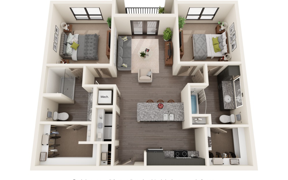 B1 - 2 bedroom floorplan layout with 2 bathrooms and 1071 square feet