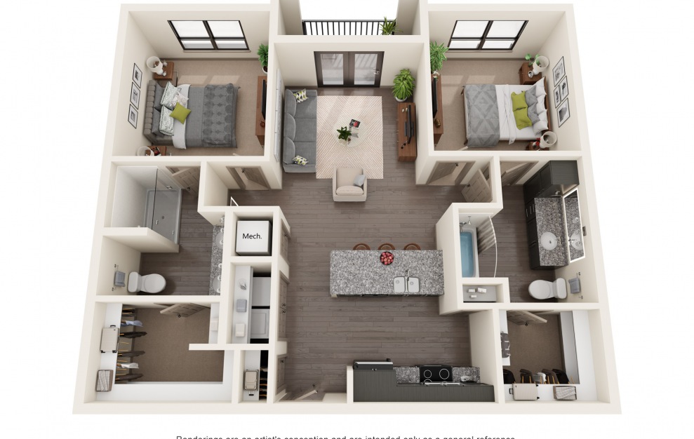 B1 - 2 bedroom floorplan layout with 2 baths and 1071 square feet.