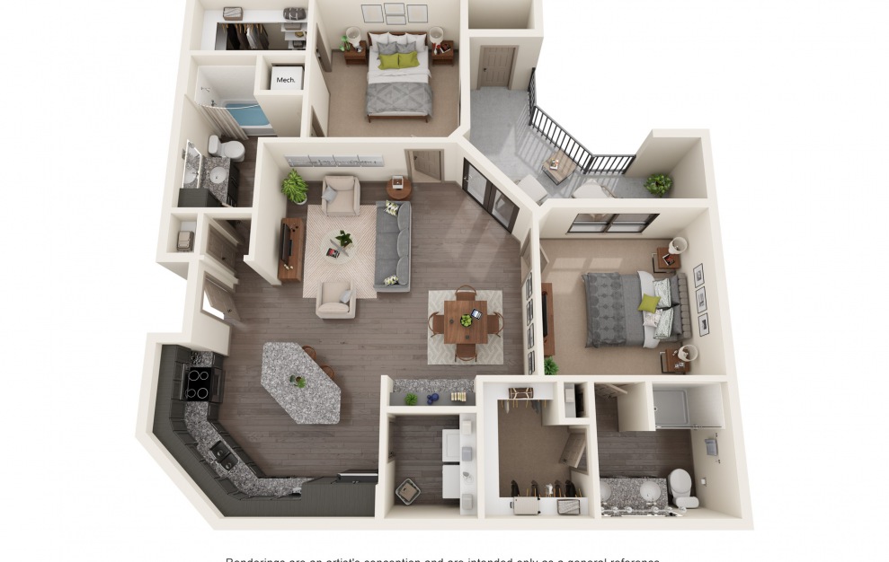 B2 - 2 bedroom floorplan layout with 2 baths and 1209 square feet.