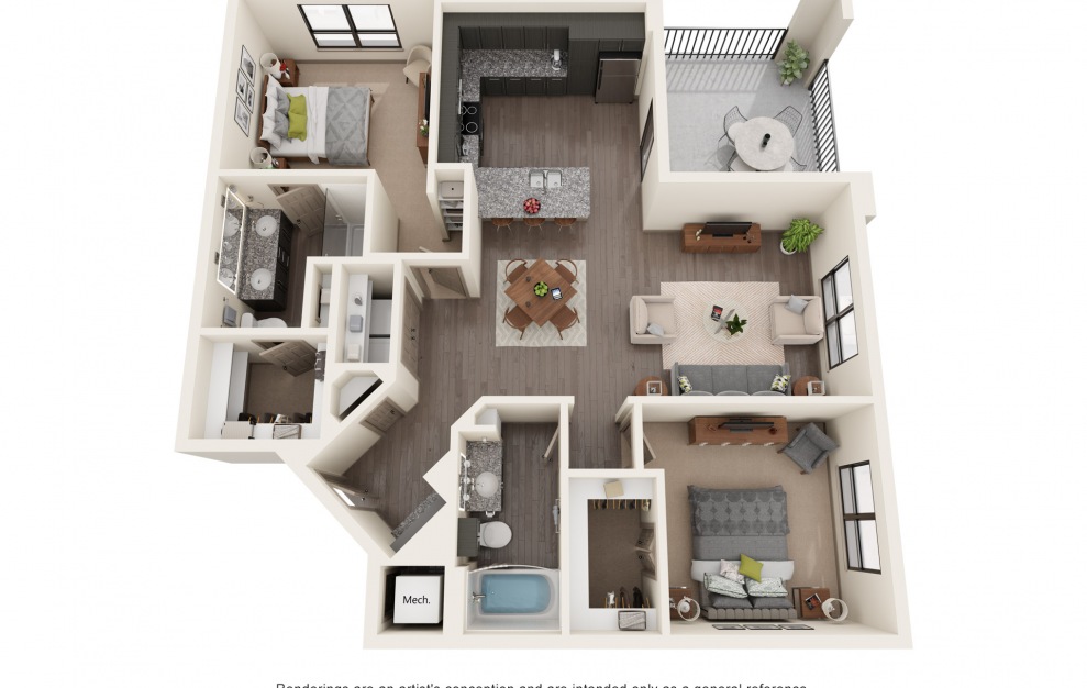 B3 - 2 bedroom floorplan layout with 2 baths and 1228 to 1239 square feet.
