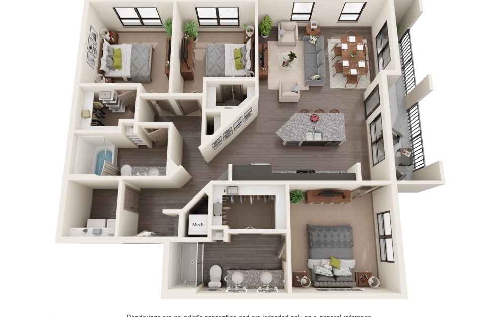 C1 - 3 bedroom floorplan layout with 2 baths and 1406 to 1422 square feet.